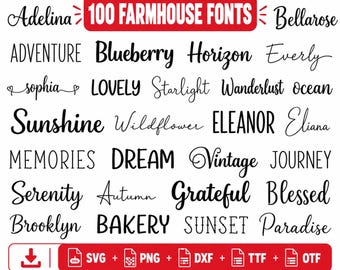Könnte beinhalten: Eine digitale Sammlung von 100 Farmhouse-Schriftarten in schwarzer Schrift auf weißem Hintergrund. Das Bild zeigt verschiedene Schreib- und Serifenschriften mit Wörtern wie Adelina, Adventure, Blueberry und Sunshine. Enthält SVG-, PNG-, DXF-, TTF- und OTF-Dateiformate.