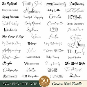 Puede incluir: Una colección digital de 50 fuentes cursivas y manuscritas negras sobre un fondo blanco. El texto incluye varias palabras como The Nightfall, Madison, Sunflower y HEYBabe. En la parte inferior, una insignia circular dice 50 FONTS.