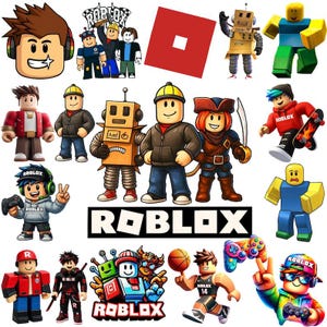 May include: A collection of Roblox-themed stickers featuring various blocky characters, including a robot, a pirate, a basketball player, and a gamer with a controller. The set includes the red Roblox logo and the black text logo on a white background.