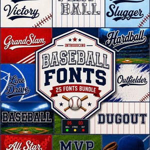 Puede incluir: Una colección digital de 25 fuentes con temática de béisbol dispuestas en una cuadrícula. El escudo central muestra el texto 'INTRODUCING BASEBALL FONTS 25 FONTS BUNDLE' con una pelota y bates. Varios paneles muestran estilos como 'Homeplate', 'Fastball', 'GrandSlam' y 'Dugout'.
