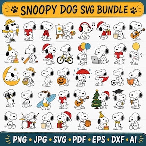 May include: A digital collection of Snoopy dog illustrations in various poses and activities, including holding hearts, playing instruments, and wearing holiday attire. The header text reads SNOOPY DOG SVG BUNDLE, and the footer lists file formats PNG, JPG, SVG, PDF, EPS, DXF, AI.
