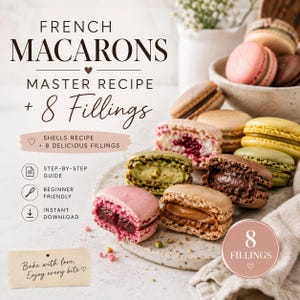 May include: A digital guide titled FRENCH MACARONS MASTER RECIPE + 8 Fillings, featuring text about a step-by-step guide, beginner friendly, and instant download. The image displays a variety of colorful macarons with different fillings on a plate.