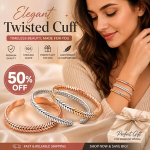 May include: A set of three twisted cuff bracelets featuring a braided pattern. One cuff is rose gold, one is silver, and one is a two-tone combination of silver and rose gold. The cuffs are open-ended and display a textured, woven metal design.