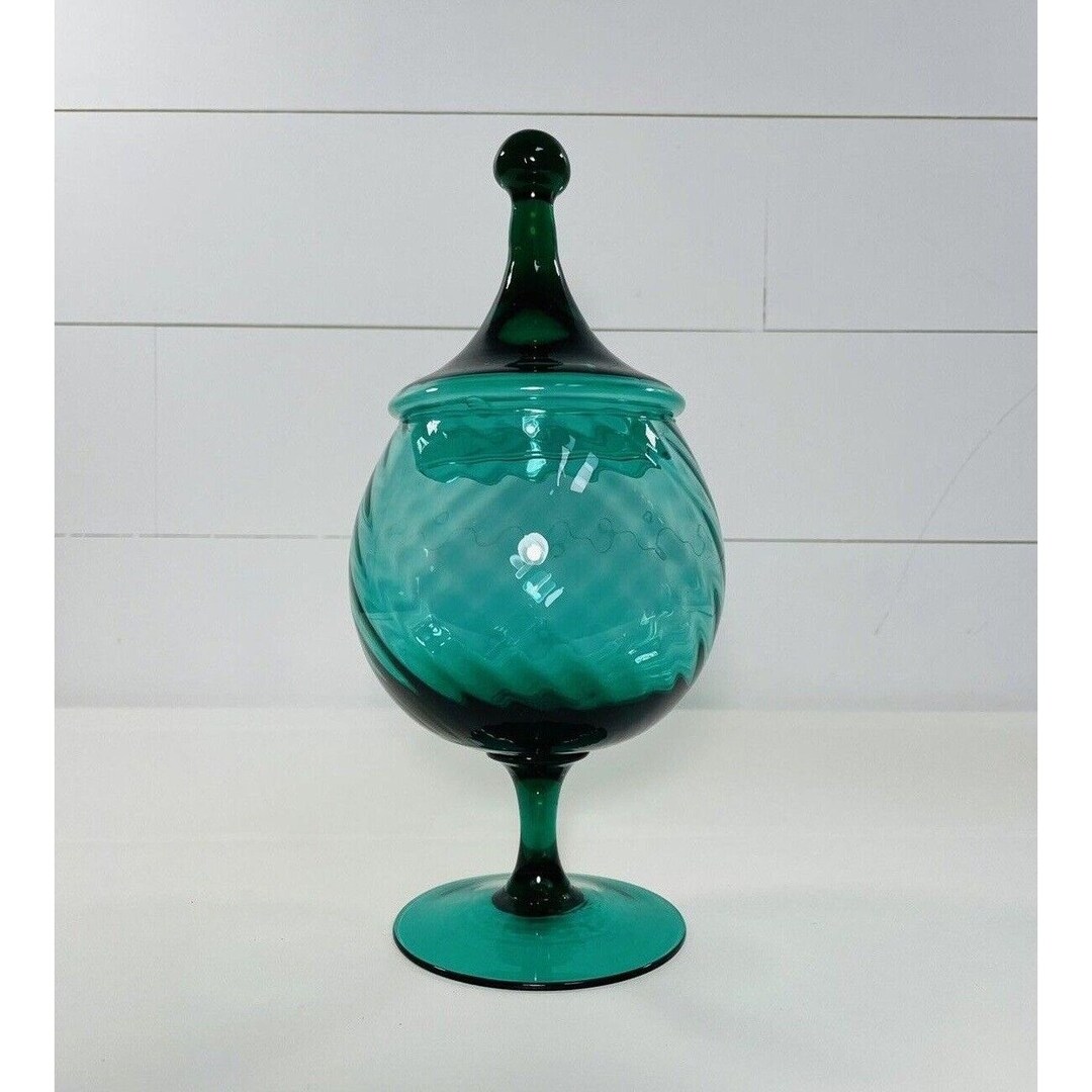 Vintage Green Glass Candy Dish With Lid Hand Blown Home Decor Etsy