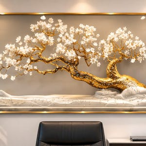 May include: A rectangular wall art piece featuring a three-dimensional golden tree with white blossoms. The tree is set against a neutral background within a thin gold frame with reinforced corners. The base consists of white sculpted terrain.