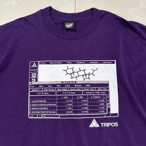 Puede incluir: Una camiseta morada de manga corta con un estampado gráfico blanco de una ventana de interfaz de software informático. El gráfico muestra un diagrama de estructura química sobre una tabla de datos etiquetada COMFA_DEMO y el texto TRIPOS.