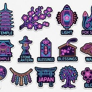 Neon Japanese Digital Sticker Sheet | Cyberpunk Torii Gate Sakura Kitsune Lucky Cat PNG Stickers for Goodnotes iPad Planner Aesthetic