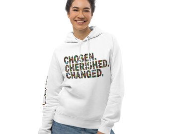 Chosen Cherished Changed Long Sleeve Graphic Hoodie, Women's Hooded Sweatshirt, Baptism Christian Gift, Chosen Pullover Pocket Hoodie