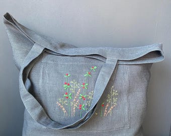 Linen bag with embroidery, linen tote bag, burlap bag, linen bag, reuse bag, big beach bag, big tote bag