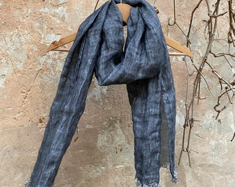 Gray Linen Scarf, Soft Washed Duplex Scarf with Fringes