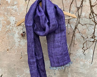 Handmade Purple Linen Scarf, Soft Washed Duplex Scarf