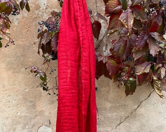 Red Linen Scarf, Soft Washed Urban Style Scarf, Handmade