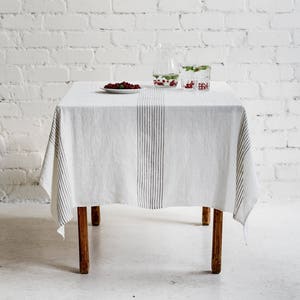 Linen Tablecloth SHIPPING WORLDWIDE Pre-washed Striped Pure linen Rough style Rustic style White linen color STR57 image 1