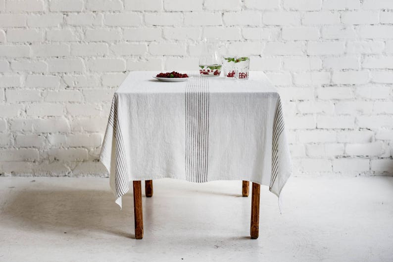 Linen Tablecloth SHIPPING WORLDWIDE Pre-washed Striped Pure linen Rough style Rustic style White linen color STR57 image 1