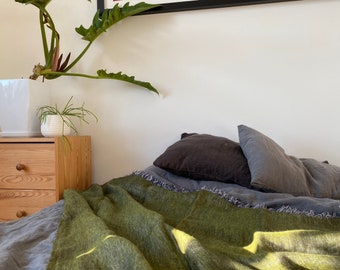 Green linen blanket, Pure linen blanket, Soft linen blanket, Duplex blanket, Linen throw