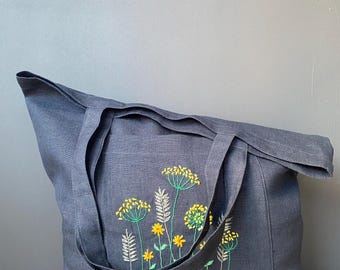 Linen bag with embroidery, linen tote bag, burlap bag, linen bag, reuse bag, big beach bag, big tote bag