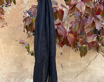 Handmade Black Linen Scarf, Soft Fringed Unisex Shawl