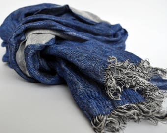 Blue Linen Scarf: Soft Washed Fringed Unisex Scarf