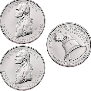 May include: Two silver-coloured coins featuring Thomas Jefferson in profile with the text E PLURIBUS UNUM, IN GOD WE TRUST, and 1776-2026. One coin shows the Liberty Bell with THE DECLARATION OF INDEPENDENCE, QUARTER DOLLAR, LIBERTY, and UNITED STATES OF AMERICA.