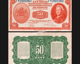 1943 Netherlands Indies 50 Cents Half Gulden Muntbiljet, NICA Queen Wilhelmina Portrait, Vintage Banknote