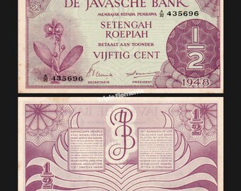 Authentic Old Banknote 1/2 Half Gulden 1948 Federal Series De Javasche Bank Netherlands Indies
