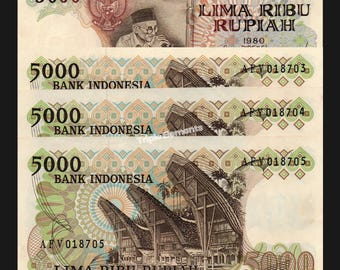 Consecutive Set of 3 pcs AUNC 5000 Rupiah Diamond Cutter 1980