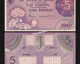 Rare Antique Paper Money 5 Gulden 1946 Federal Series Violet Variant De Javasche Bank