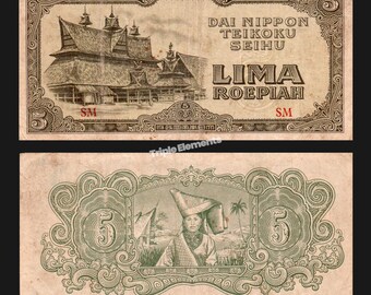 Rare Vintage Paper Money 5 Roepiah 1944 Dai Nippon Occupation Netherlands Indies Banknote