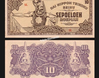 Genuine Vintage Paper Money 10 Roepiah 1944 Dai Nippon Occupation Netherlands Indies Banknote