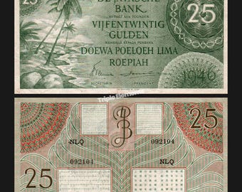 Genuine Antique Banknote 25 Gulden 1946 Federal Series Green Variant Netherlands Indies Currency