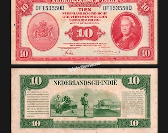 10 Gulden Sepoeloeh Roepiah 1943 NICA Netherlands Indies Banknote, Queen Wilhelmina Portrait, Vintage Currency