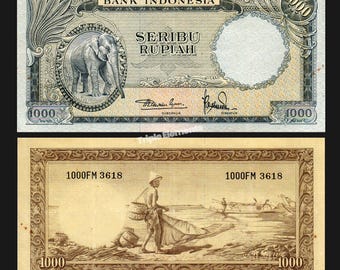 Asian Elephant Wildlife Banknote 1957 Indonesia 1000 Rupiah Diponegoro Watermark