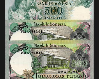 Consecutive Pair UNC 1977 Indonesia 500 Rupiah Lady Orchid Banknote - Gift for Dad