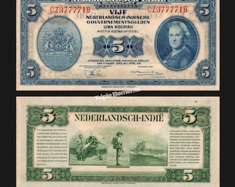 Rare Vintage Currency 1943 Netherlands Indies 5 Gulden NICA Banknote, Lima Roepiah, Queen Wilhelmina