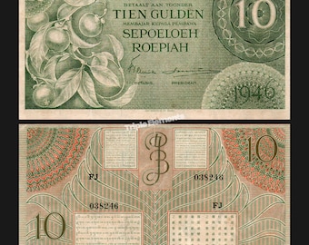 Scarce Old Paper Money 10 Gulden 1946 Federal Series Green Variant De Javasche Bank