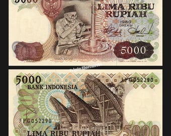 5000 Rupiah Diamond Cutter 1980 Indonesia Banknote - Vintage Paper Money, Gift for Collector