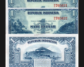Rare Vintage Currency Lot 1953 Indonesia 1 Rupiah Landscape Series Consecutive Pair AUNC