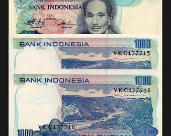 1000 Rupiah Dr Soetomo 1980 Consecutive Pair AUNC Sianok Valley Banknote Lot