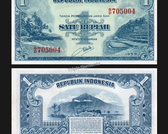 Rare Vintage Currency 1953 Indonesia 1 Rupiah Landscape Series Beach Mountain Note AUNC
