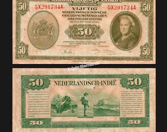Netherlands Indies 50 Gulden 1943 NICA Banknote, Lima Poeloeh Roepiah, Queen Wilhelmina Portrait, Rare
