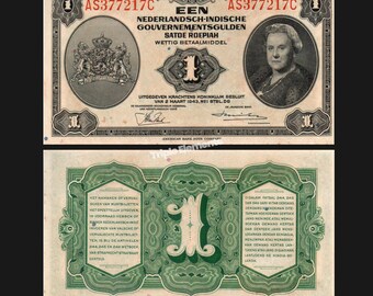 1943 Netherlands Indies 1 Gulden NICA Muntbiljet, Satoe Roepiah, Queen Wilhelmina Portrait, Vintage Banknote