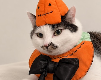 Dog Cat Pumpkin Hat and Bandana Bib Set with Ear Holes | Handmade Halloween Pet Costume | Personalized Cat Pumpkin Bib | Photo Prop