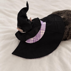 May include: A black witch hat featuring a pointed crown and a wide brim. The hat includes a decorative band of purple and white plaid fabric around the base of the crown, with the same plaid pattern visible on the underside of the brim.