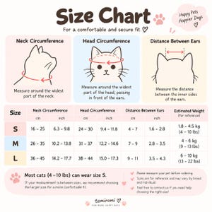 May include: A pet size chart titled Size Chart with the text Happy Pets Happier Days. It features illustrations of a cat head showing how to measure neck circumference, head circumference, and distance between ears, with a table listing sizes S, M, and L.