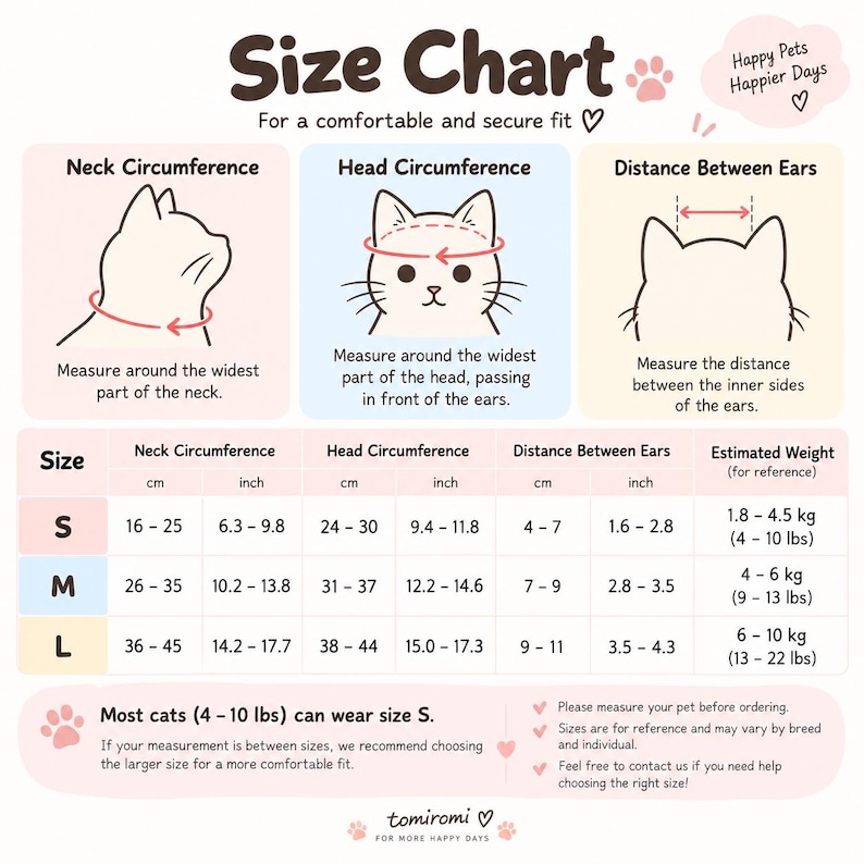 May include: A pet size chart titled Size Chart with the text Happy Pets Happier Days. It features illustrations of a cat head showing how to measure neck circumference, head circumference, and distance between ears, with a table listing sizes S, M, and L.