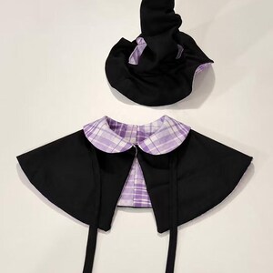 May include: A black pointed hat and a matching cape with a rounded collar. The cape features a solid black exterior and a purple and white plaid interior lining. The hat also has a purple and white plaid lining visible at the brim edge.