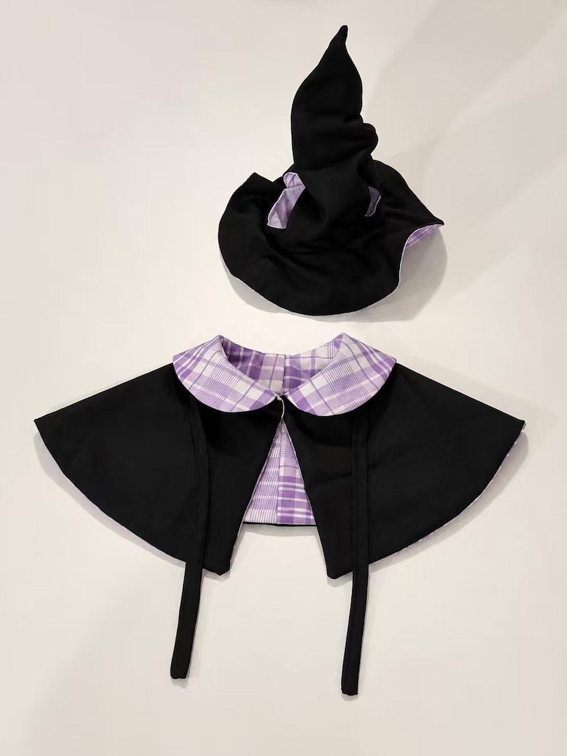 May include: A black pointed hat and a matching cape with a rounded collar. The cape features a solid black exterior and a purple and white plaid interior lining. The hat also has a purple and white plaid lining visible at the brim edge.