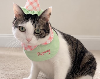 Dog Cat Birthday Hat and Bib Set | Handmade Pink Gingham Pet Outfit | Personalized Hand Embroidered Name | Birthday Photo Prop Gift