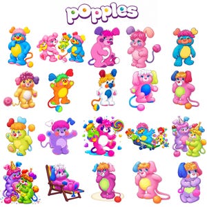 Könnte beinhalten: Eine Sammlung bunter Popples-Charakterillustrationen mit verschiedenen anthropomorphen Kreaturen in Rosa-, Blau-, Gelb- und Grüntönen. Die Figuren haben große Ohren, Schwänze mit Bommeln und ausdrucksstarke Gesichter, mit dem Wort Popples oben.