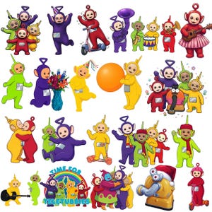 May include: A collection of Teletubbies illustrations featuring Tinky Winky, Dipsy, Laa-Laa, and Po in various activities, including playing musical instruments, riding scooters, holding flowers, hugging, and interacting with a vacuum cleaner.